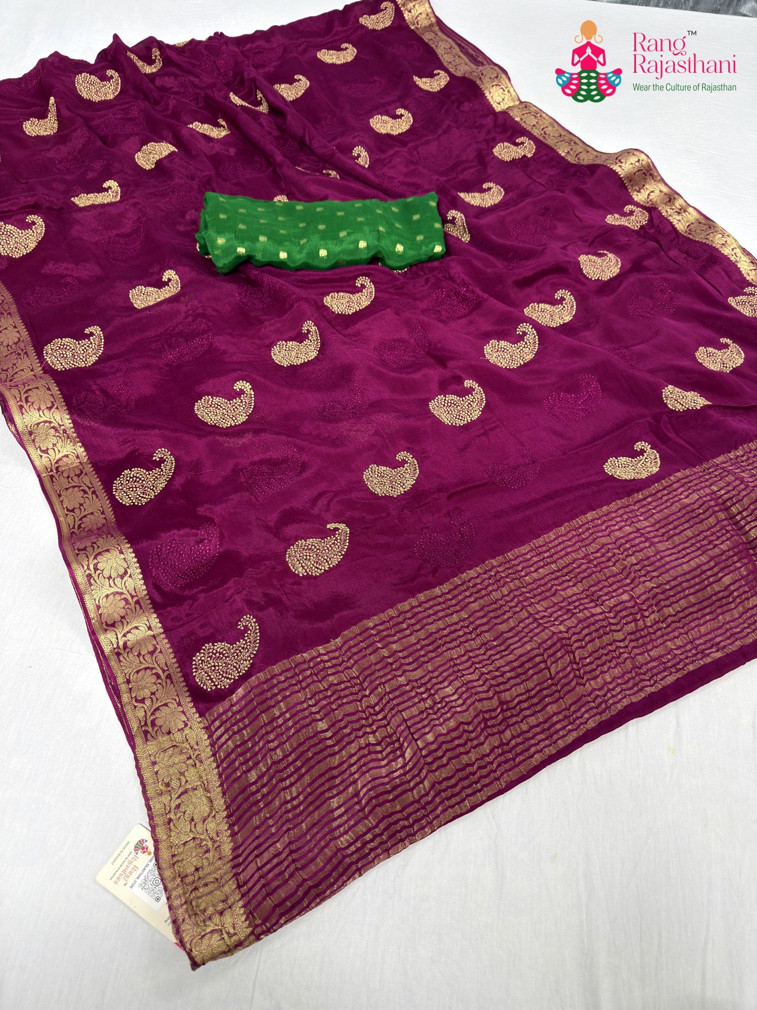 wine chinnon zari embroidery saree for bridal wear by Rang Rajasthani