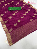 pallu detailing of wine chinnon zari embroidery saree
