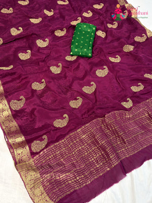 Wine Chinnon Zari Embroidery Saree for Bridal | Traditional Edit