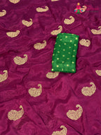 border detail of wine chinnon zari embroidery saree