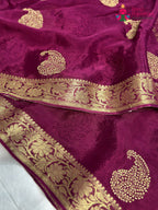 close up view of wine chinnon zari embroidery saree