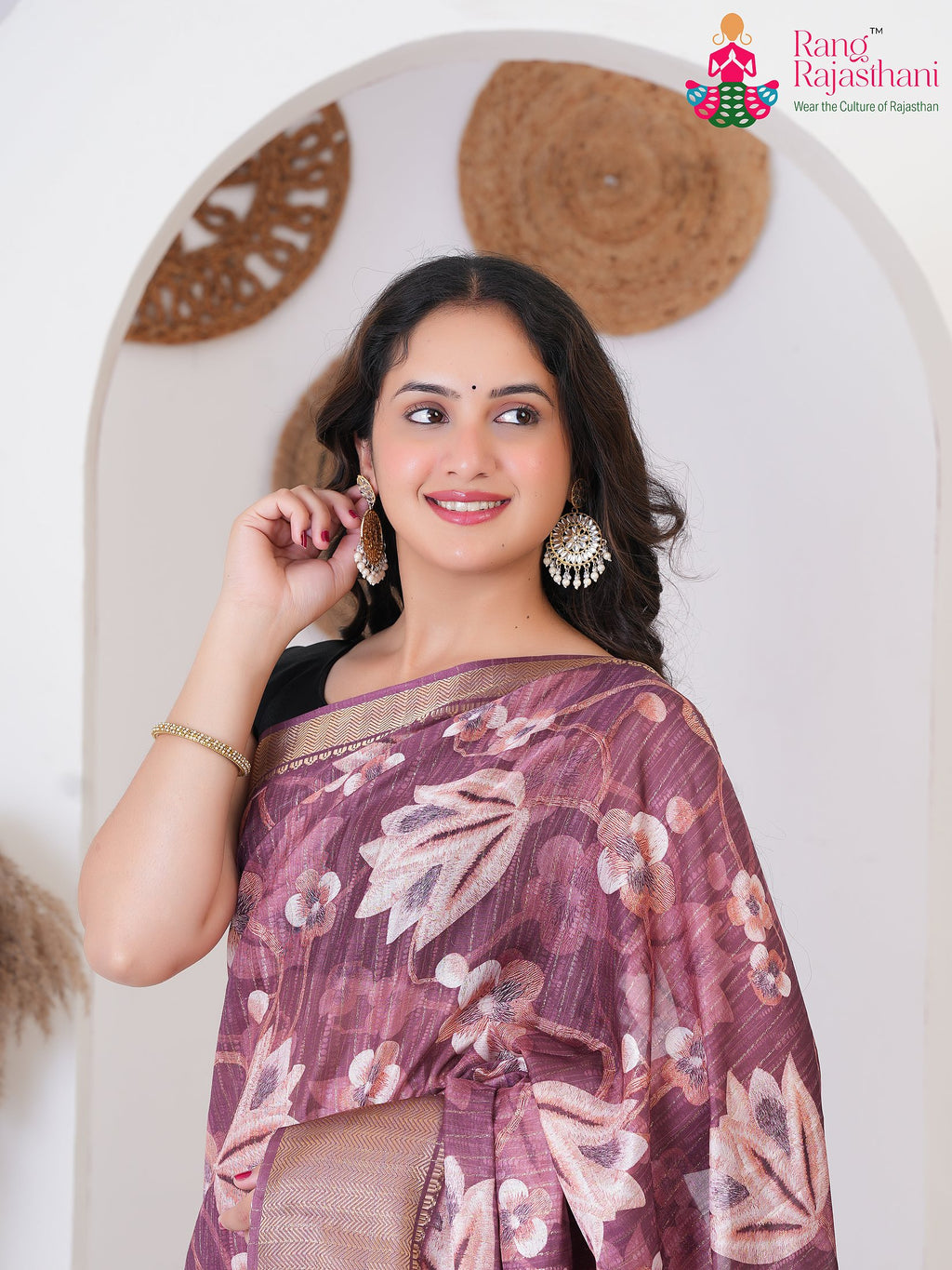 Wine SyntheticSilk saree with Printed close up detailing