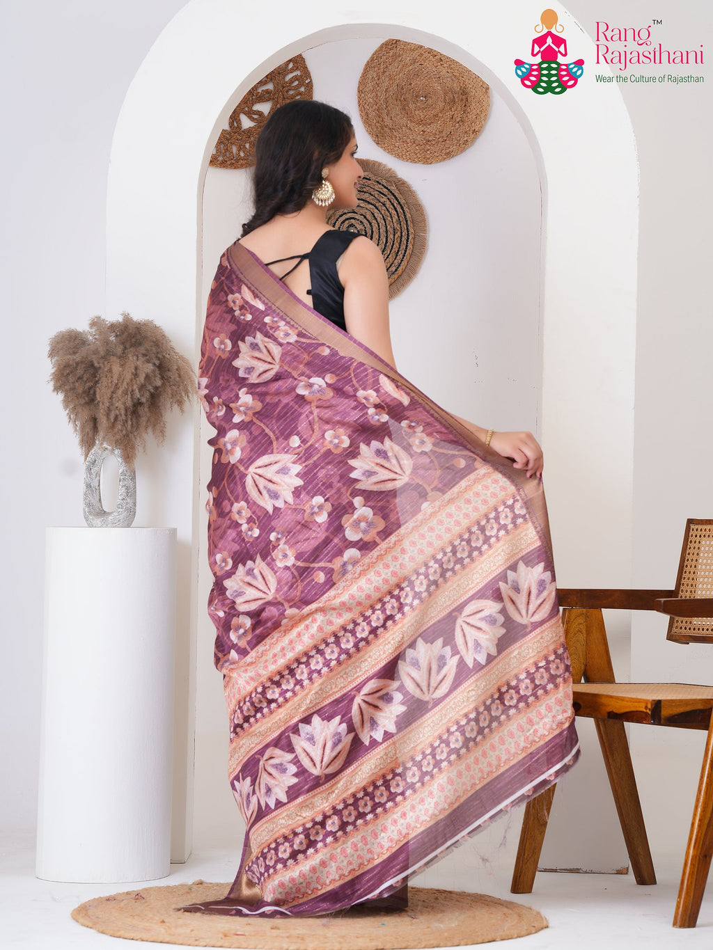 Wine SyntheticSilk saree with Printed back view