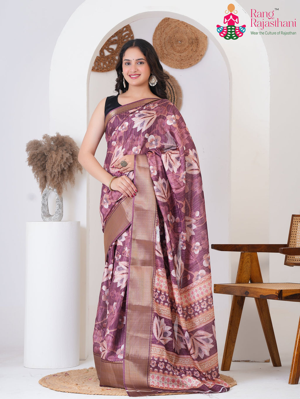 Wine SyntheticSilk Party saree with Printed from Rang Rajasthani