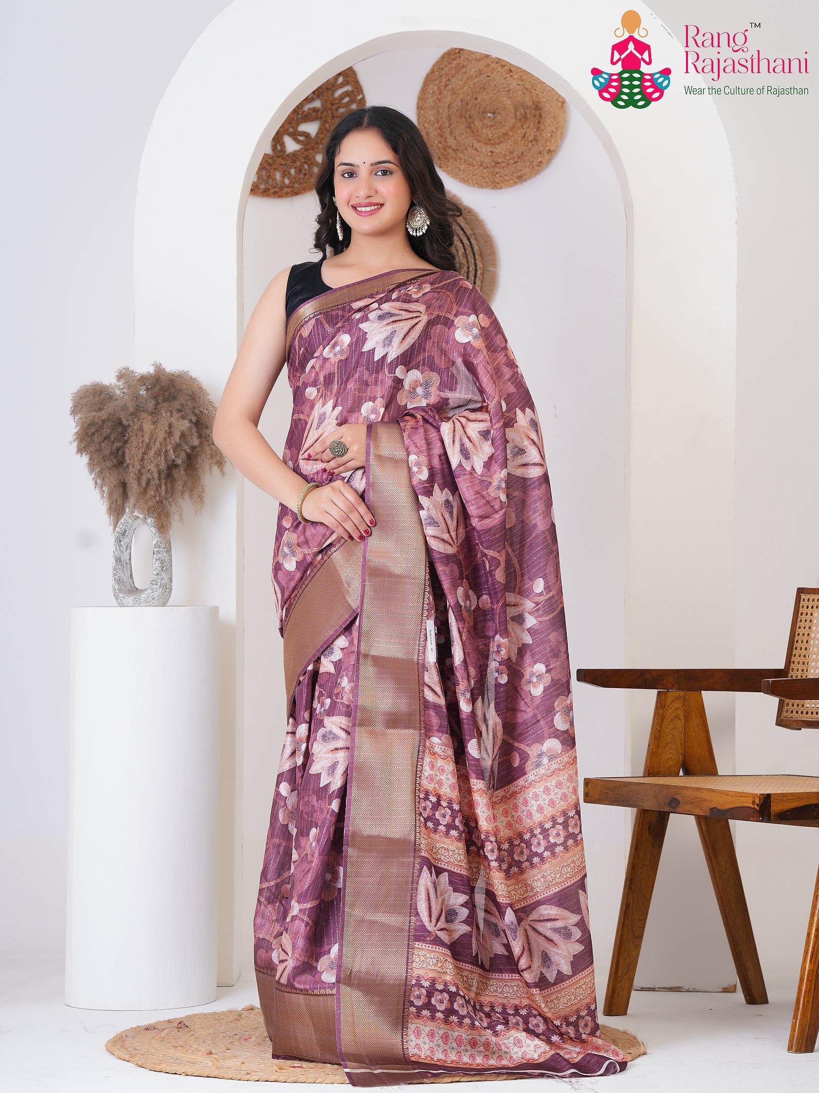 Wine SyntheticSilk Party saree with Printed from Rang Rajasthani