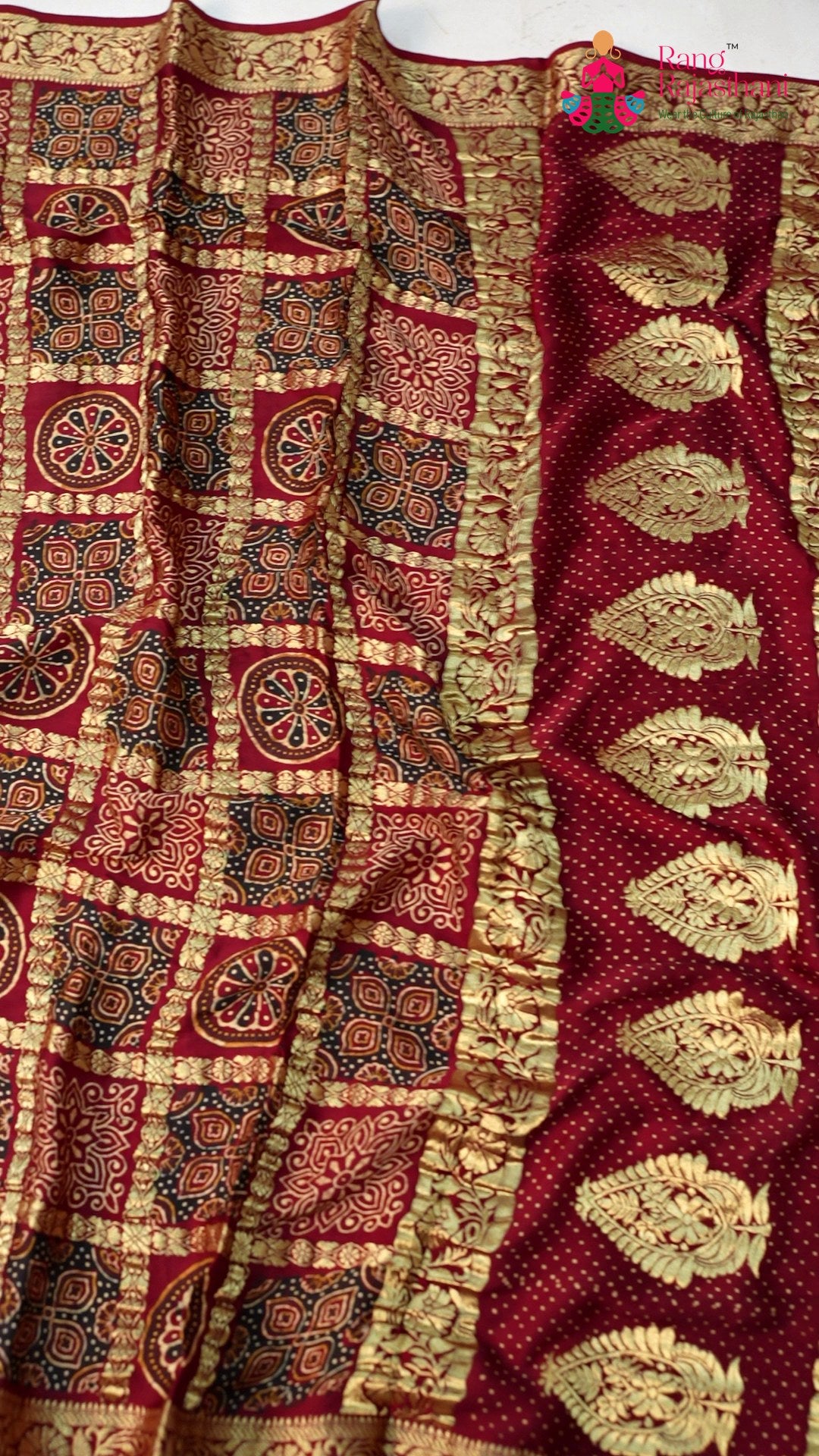 design pattern of wine modal banarasi zari weave gharchola saree