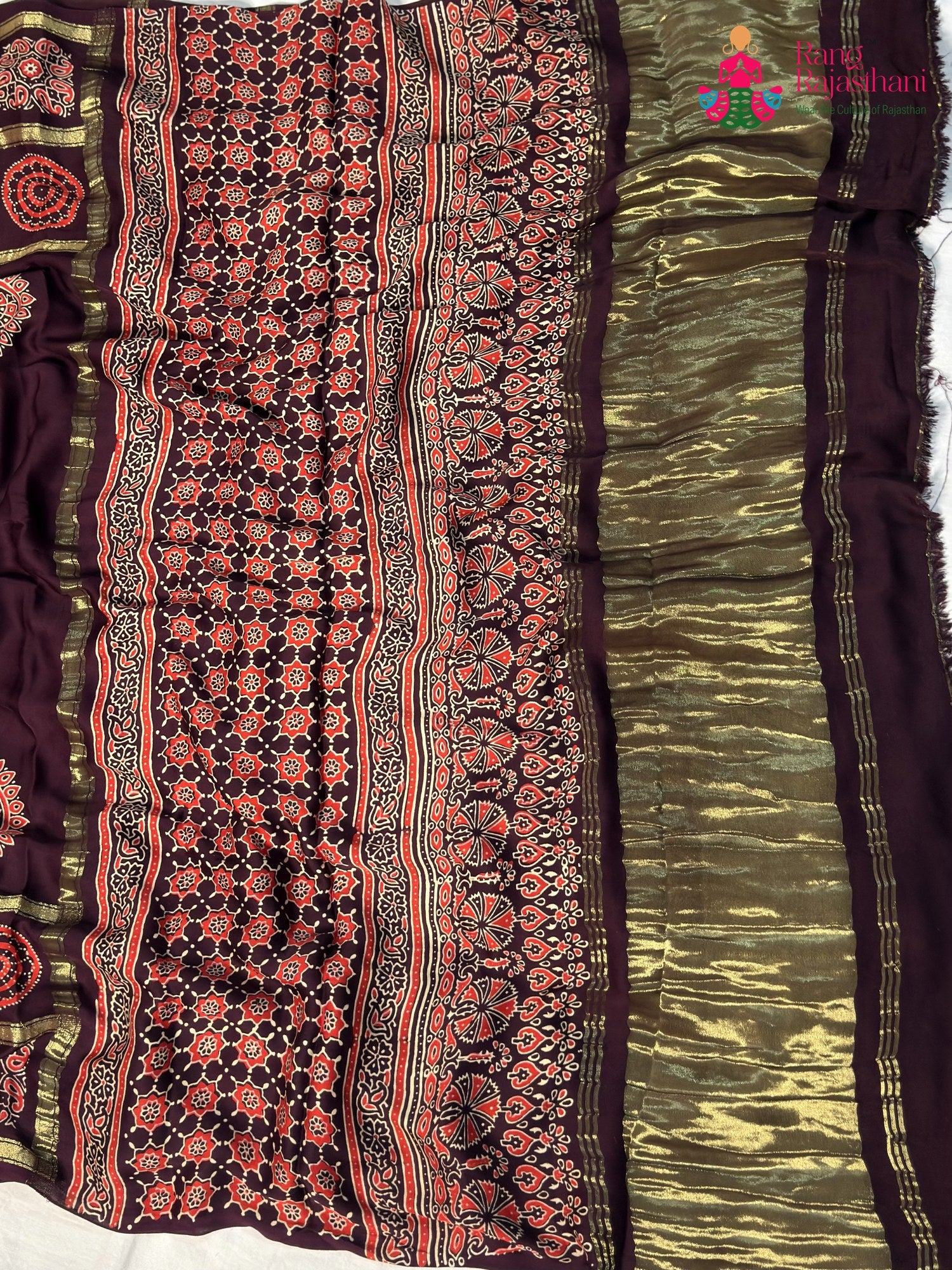 fabric texture of wine modal banarasi zari weave gharchola saree