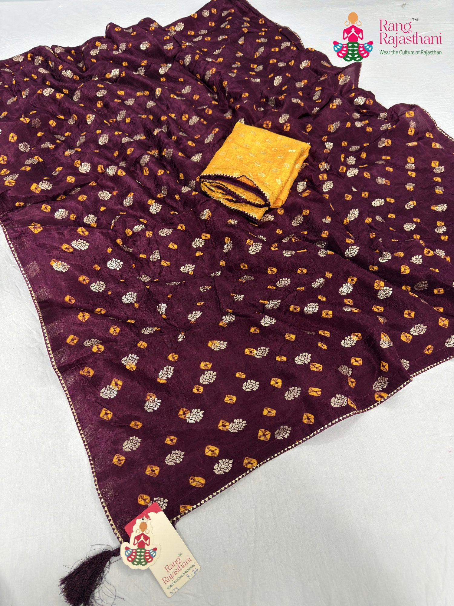 wine pure dola silk bandhani saree for raksha bandhan by Rang Rajasthani