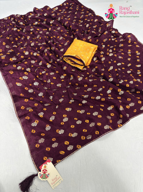 Wine Pure Dola Silk Bandhani Saree : Balanced Grace main-image