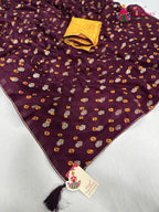 pallu detailing of wine pure dola silk bandhani saree