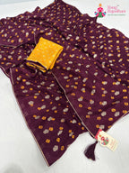 complete look of wine pure dola silk bandhani saree