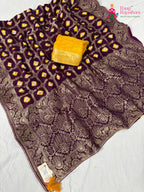 border detailing of wine pure dola silk bandhej banarasi zari saree