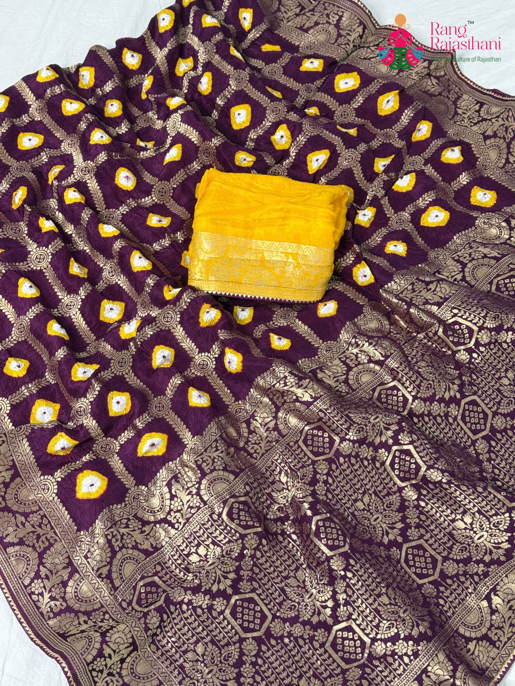 fabric texture of wine pure dola silk bandhej banarasi zari saree