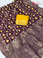 fabric texture of wine pure dola silk bandhej banarasi zari saree