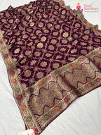 border detailing of wine pure georgette khaddi saree