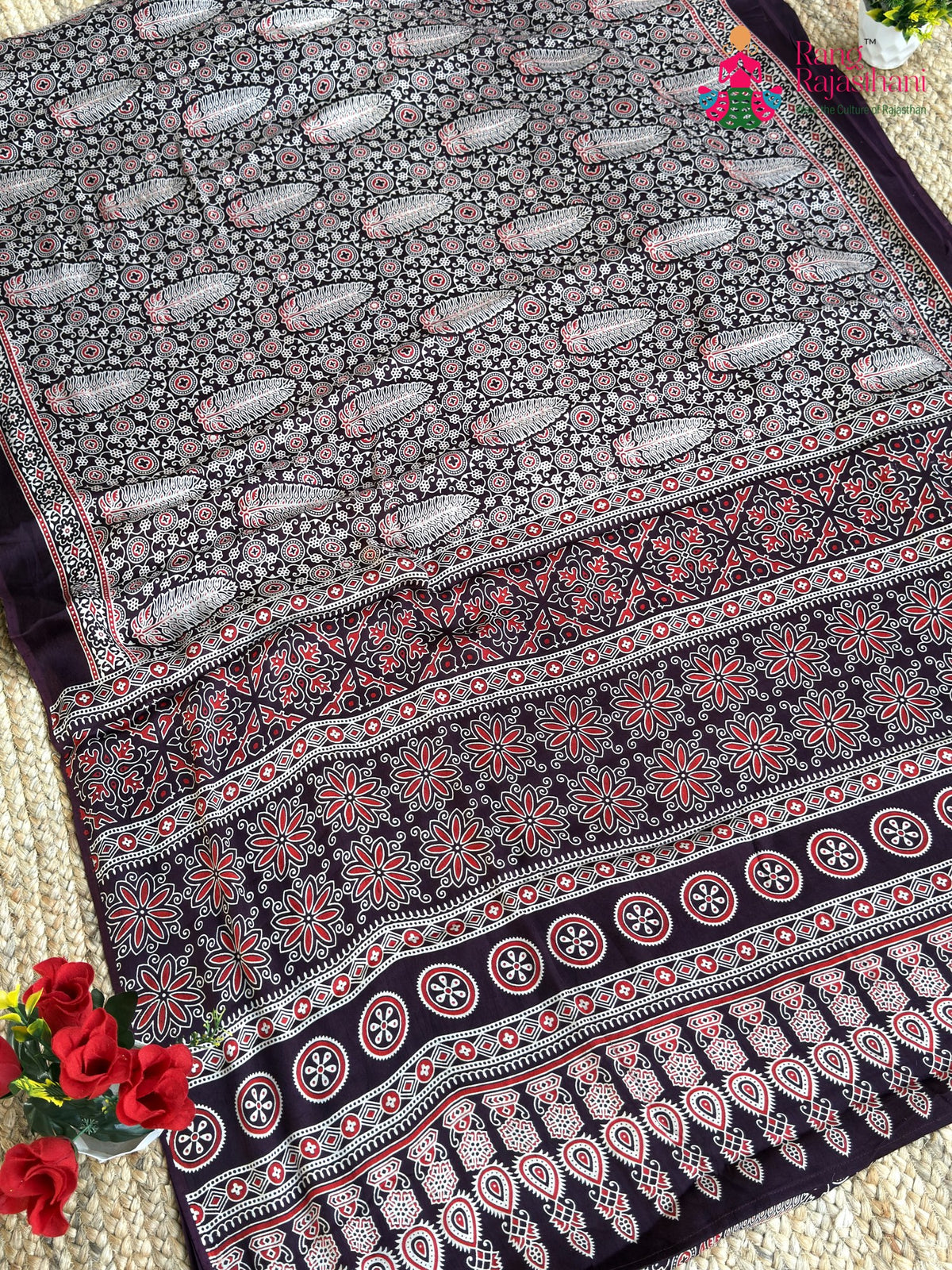 Wine Pure Modal Silk Ajrakh Print Saree for Family Occasions | Festive Wear