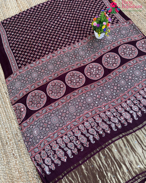 Wine Pure Modal Silk Mirror Ajrakh Print Saree for Sangeet Night | Shop Online