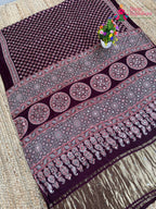 Wine Pure Modal Silk Mirror Ajrakh Print Saree for Sangeet Night | Shop Online