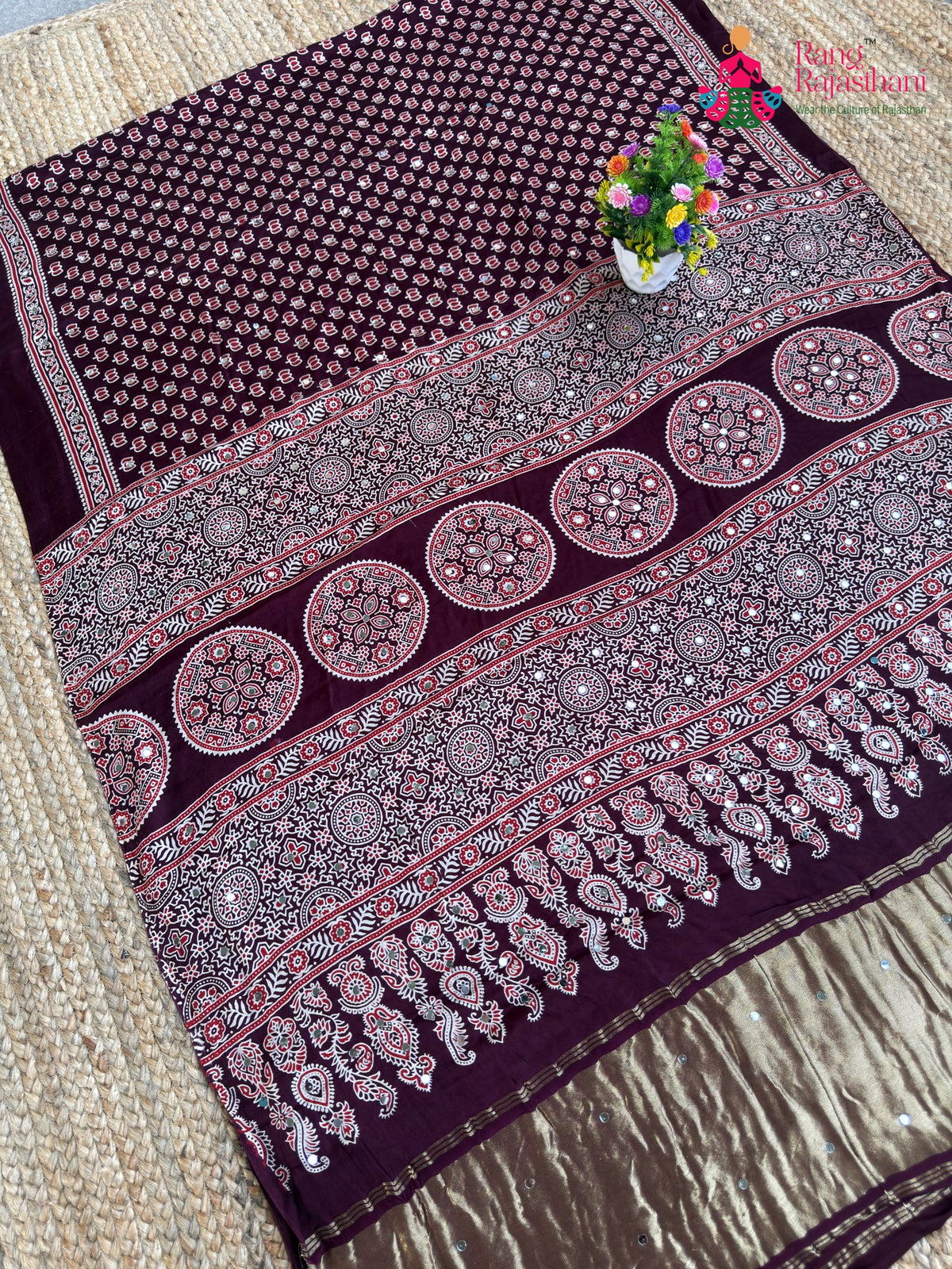 Wine Pure Modal Silk Mirror Ajrakh Print Saree for Sangeet Night | Shop Online