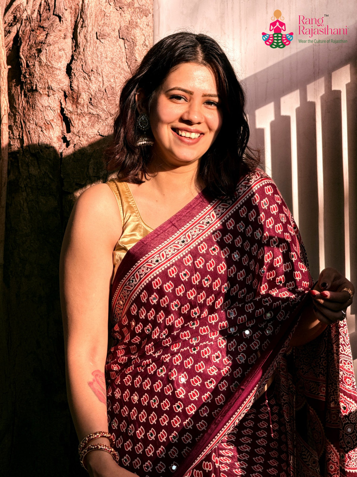 Wine Pure Modal Silk Mirror Ajrakh Print Saree for Sangeet Night | Shop Online