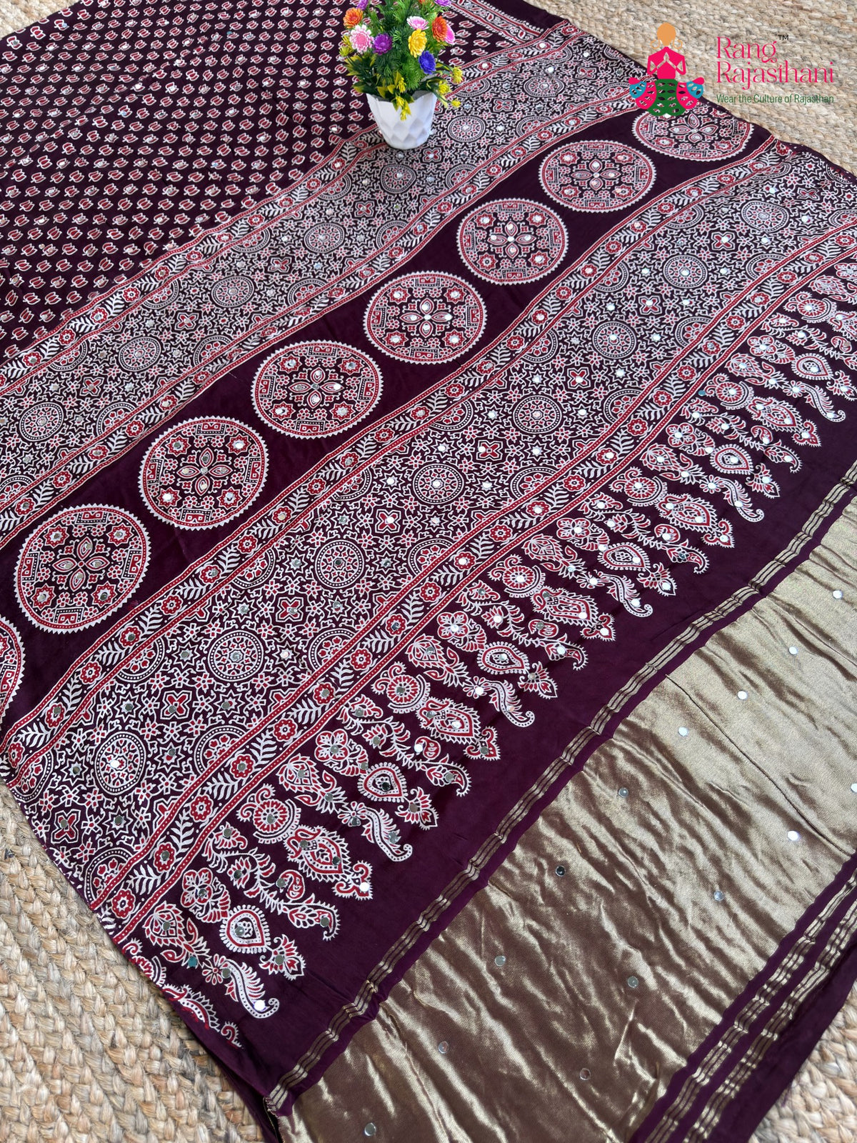 Wine Pure Modal Silk Mirror Ajrakh Print Saree for Sangeet Night | Shop Online