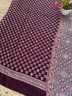 Wine Pure Modal Silk Mirror Ajrakh Print Saree for Sangeet Night | Shop Online