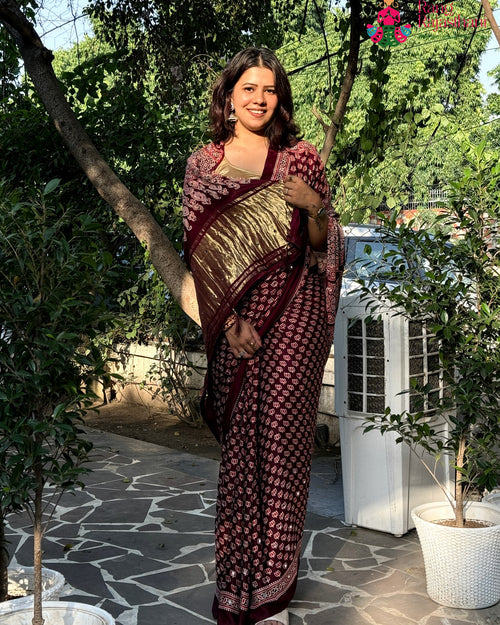 Wine Pure Modal Silk Mirror Ajrakh Print Saree for Sangeet Night | Shop Online
