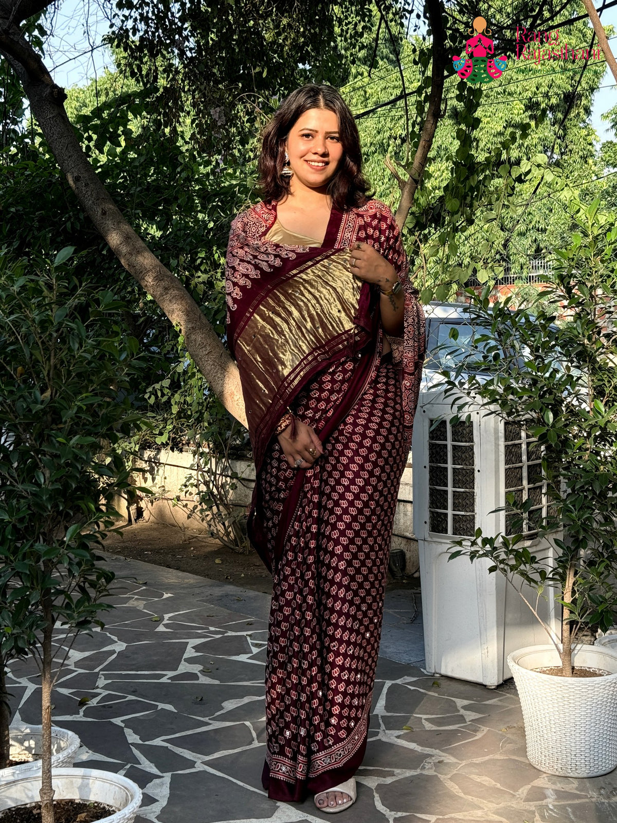Wine Pure Modal Silk Mirror Ajrakh Print Saree for Sangeet Night | Shop Online