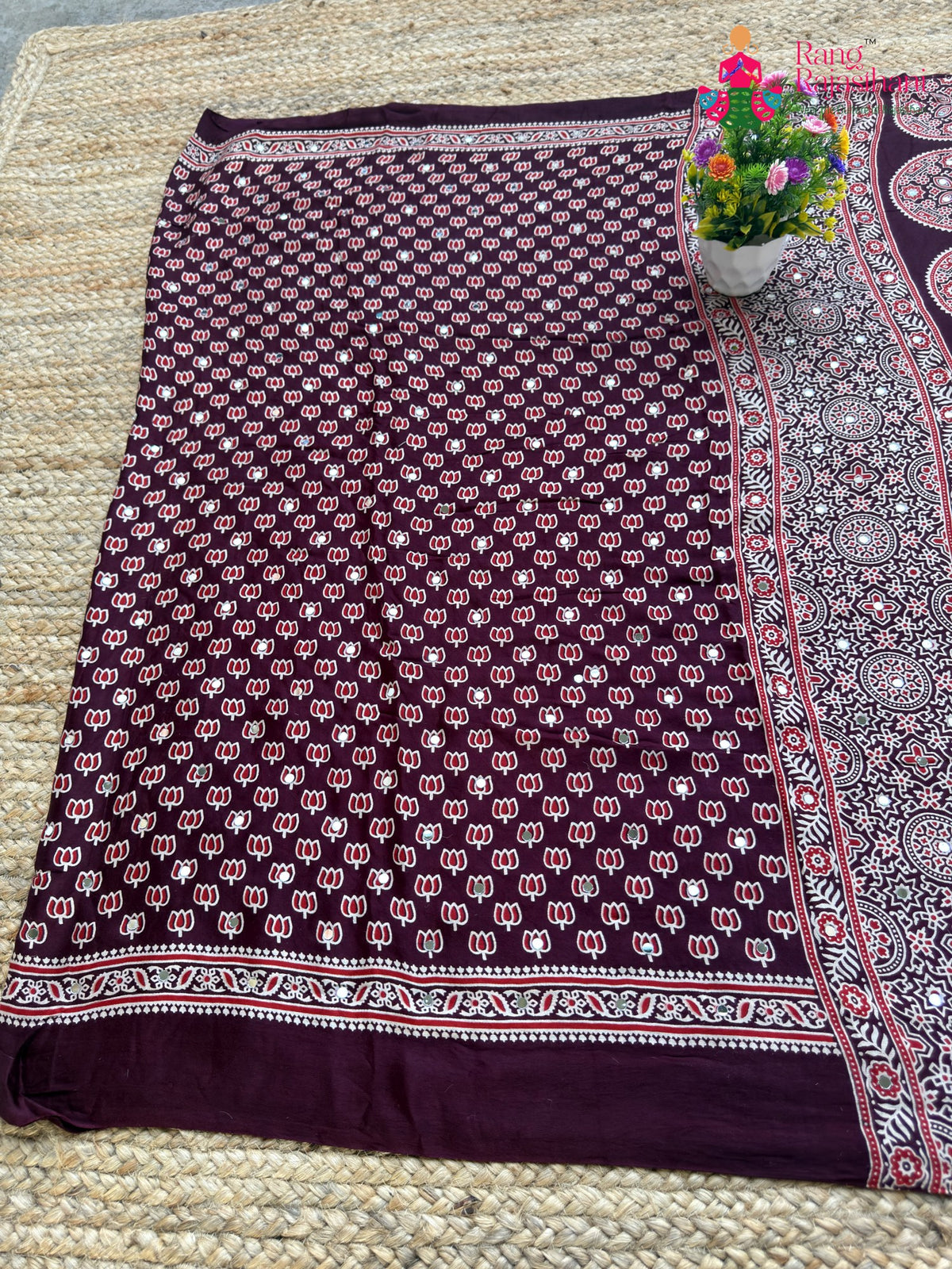 Wine Pure Modal Silk Mirror Ajrakh Print Saree for Sangeet Night | Shop Online