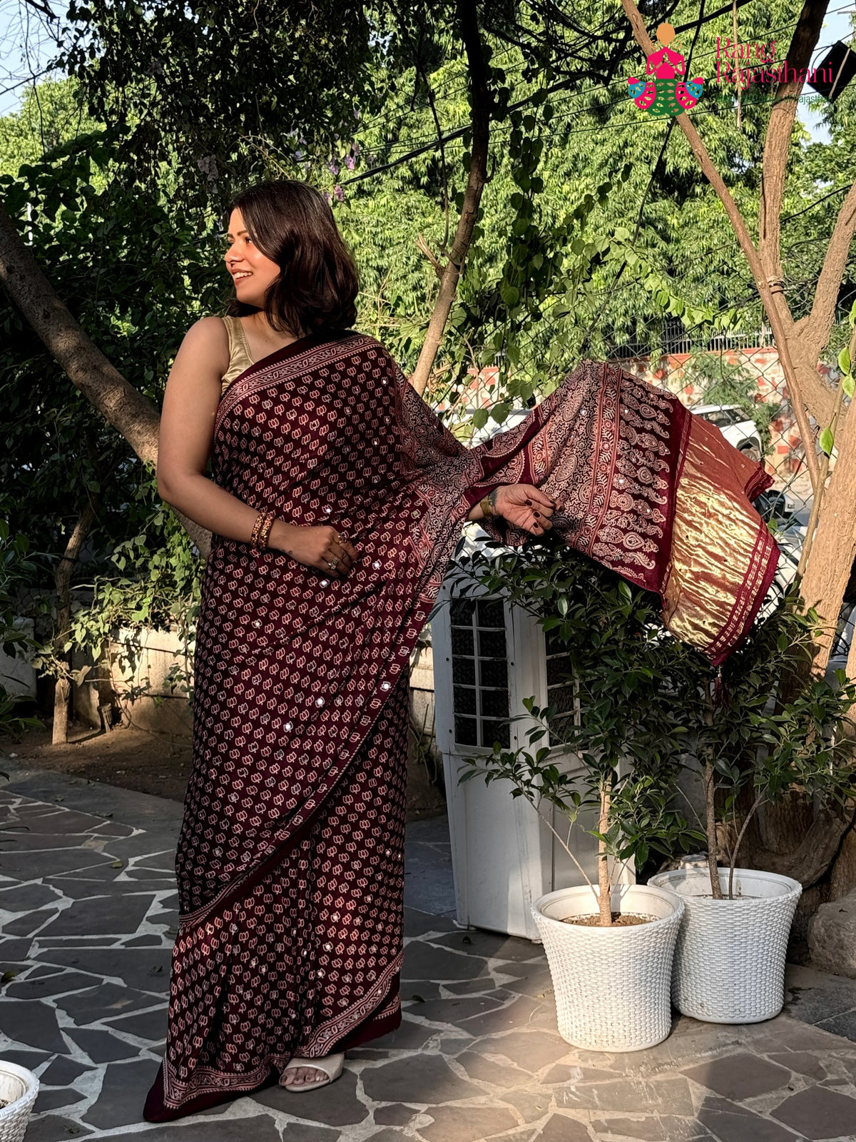 Wine Pure Modal Silk Mirror Ajrakh Print Saree for Sangeet Night | Shop Online