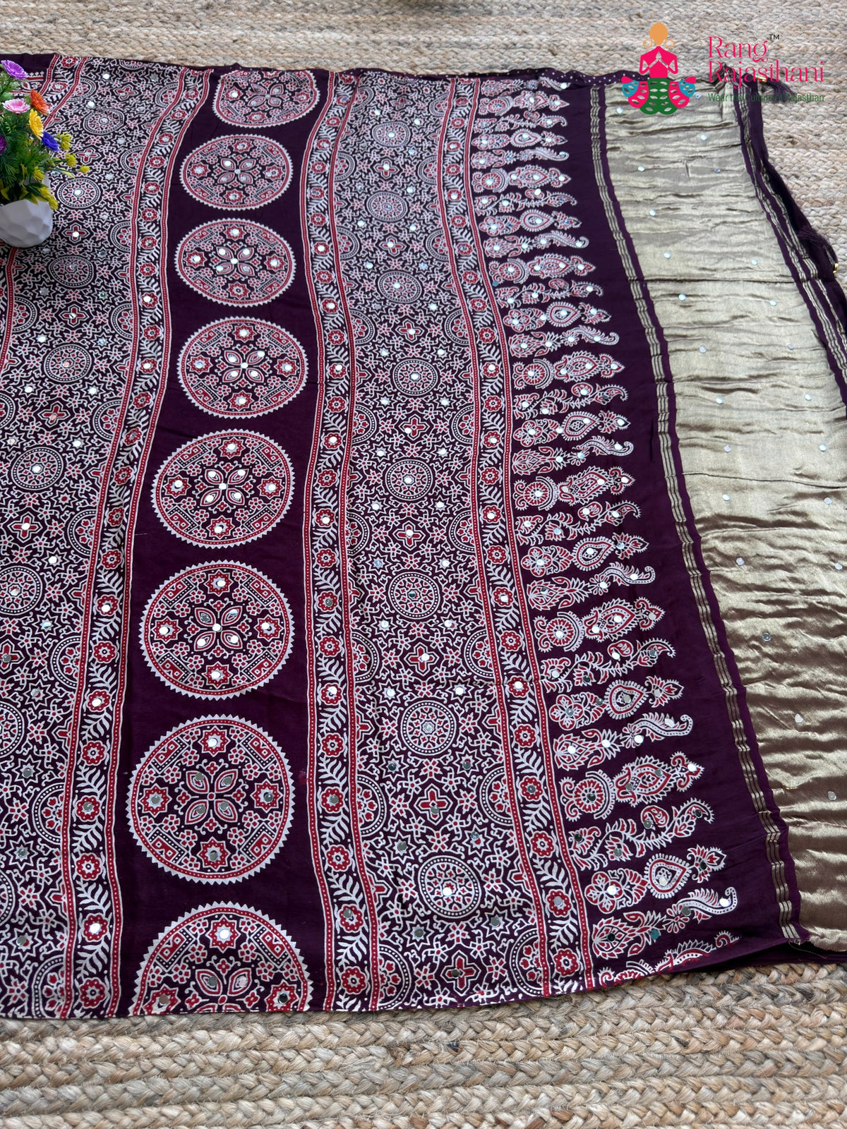 Wine Pure Modal Silk Mirror Ajrakh Print Saree for Sangeet Night | Shop Online