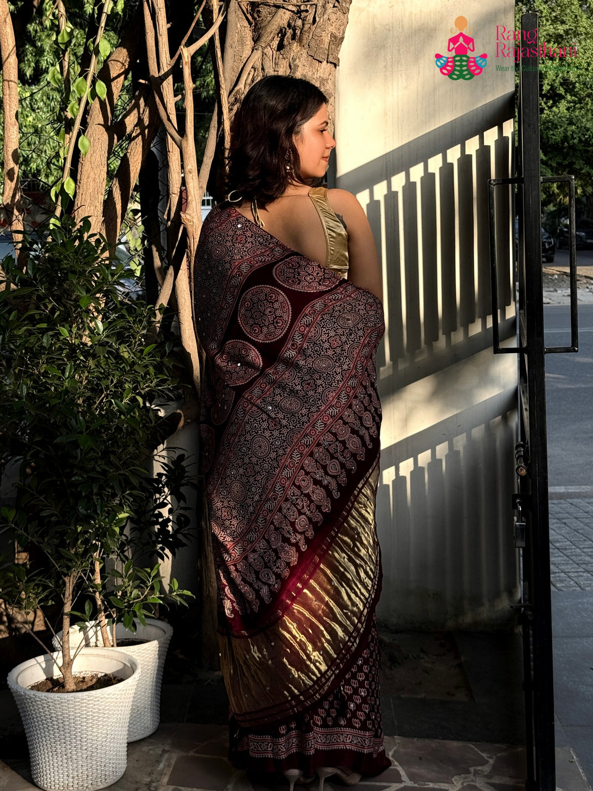 Wine Pure Modal Silk Mirror Ajrakh Print Saree for Sangeet Night | Shop Online