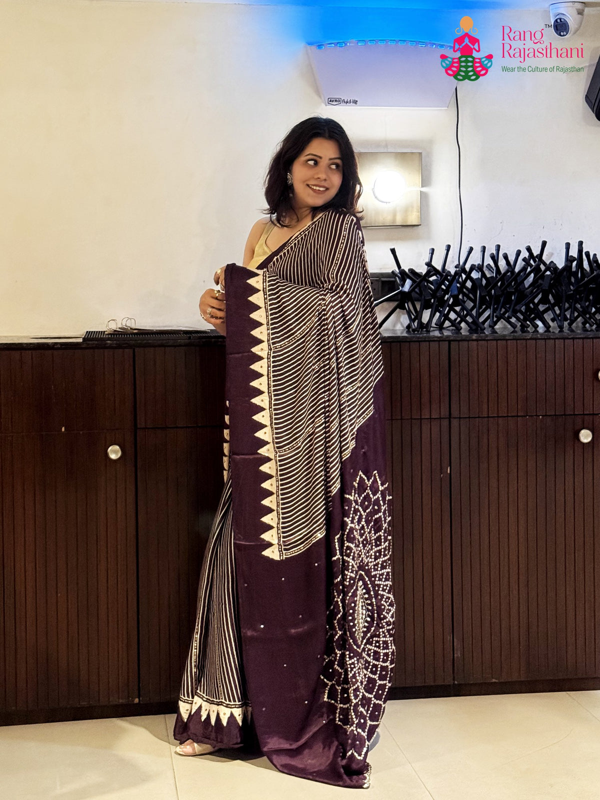 Wine Pure Modal Silk Sequin Ajrakh Print Saree for Wedding Reception | Designer Saree