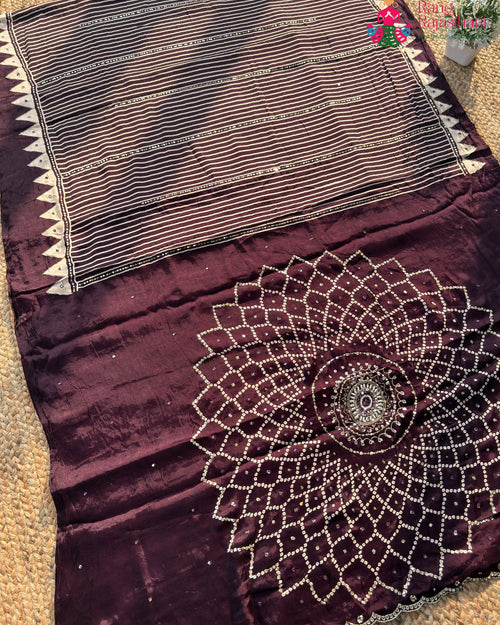 Wine Pure Modal Silk Sequin Ajrakh Print Saree for Wedding Reception | Designer Saree