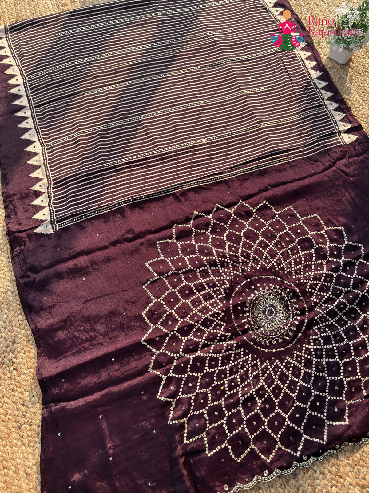 Wine Pure Modal Silk Sequin Ajrakh Print Saree for Wedding Reception | Designer Saree
