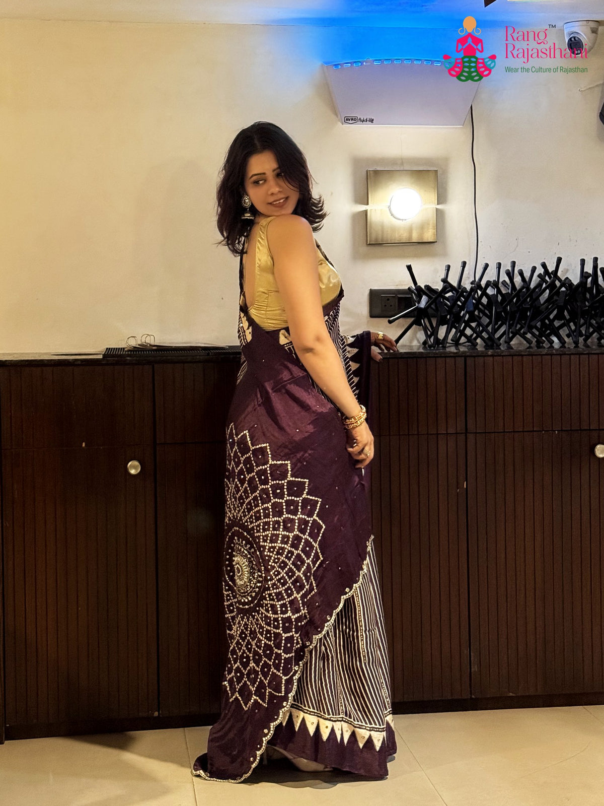 Wine Pure Modal Silk Sequin Ajrakh Print Saree for Wedding Reception | Designer Saree