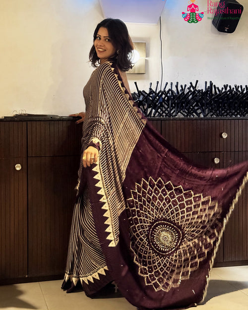 Wine Pure Modal Silk Sequin Ajrakh Print Saree for Wedding Reception | Designer Saree