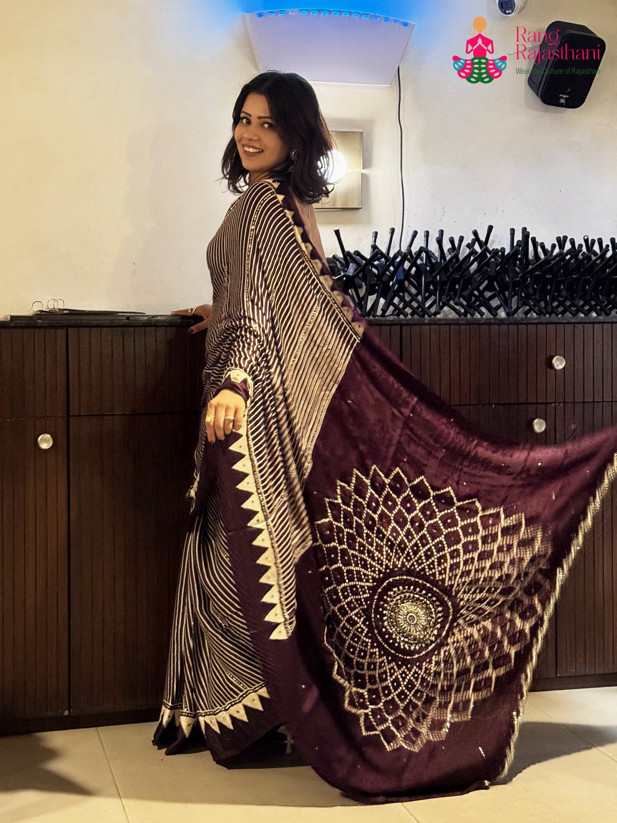 Wine Pure Modal Silk Sequin Ajrakh Print Saree for Wedding Reception | Designer Saree