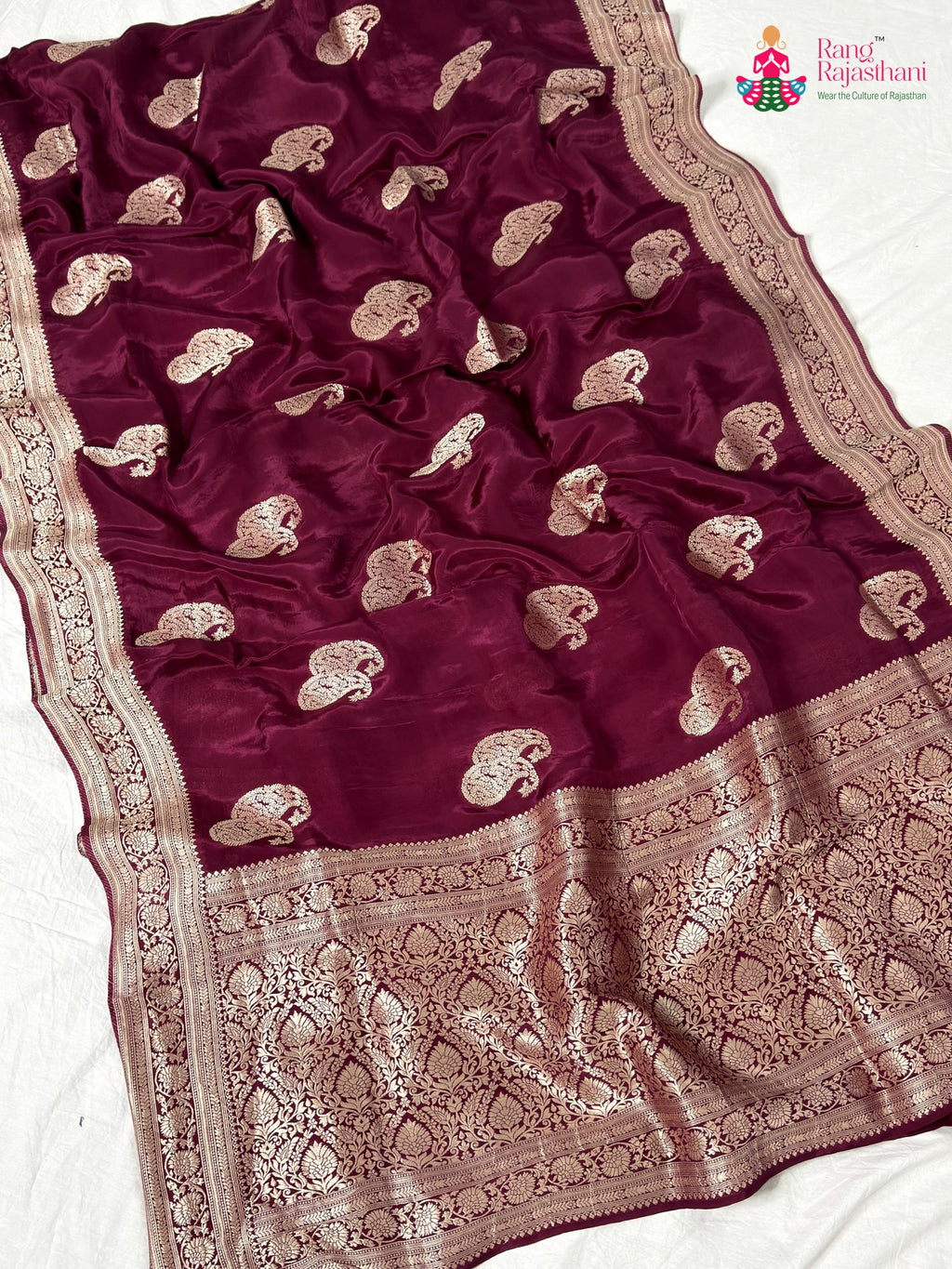wine pure russian silk resham embroidery saree by Rang Rajasthani