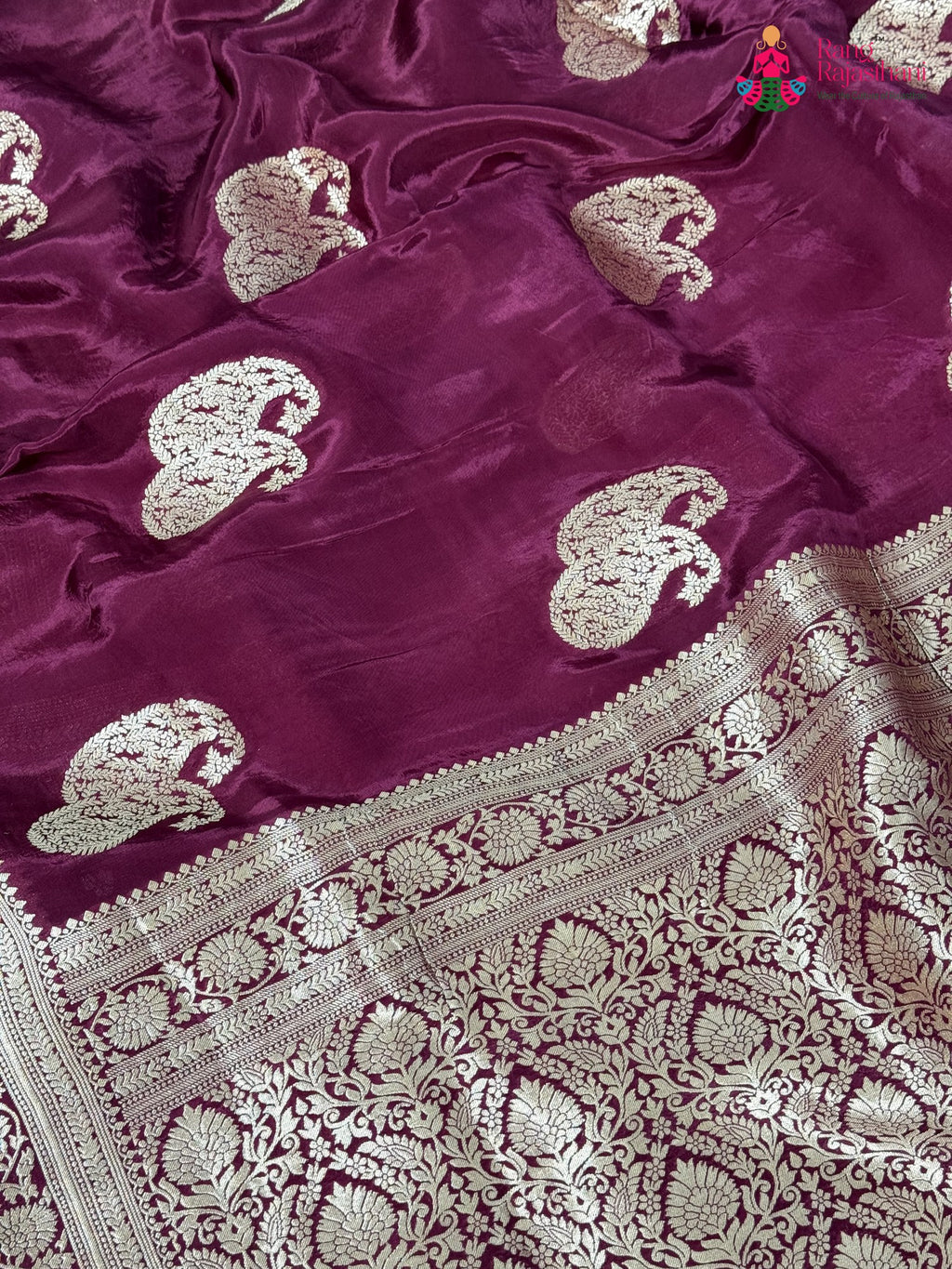 pallu detailing of wine pure russian silk resham embroidery saree