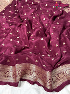 close up detailing of wine pure russian silk resham embroidery saree