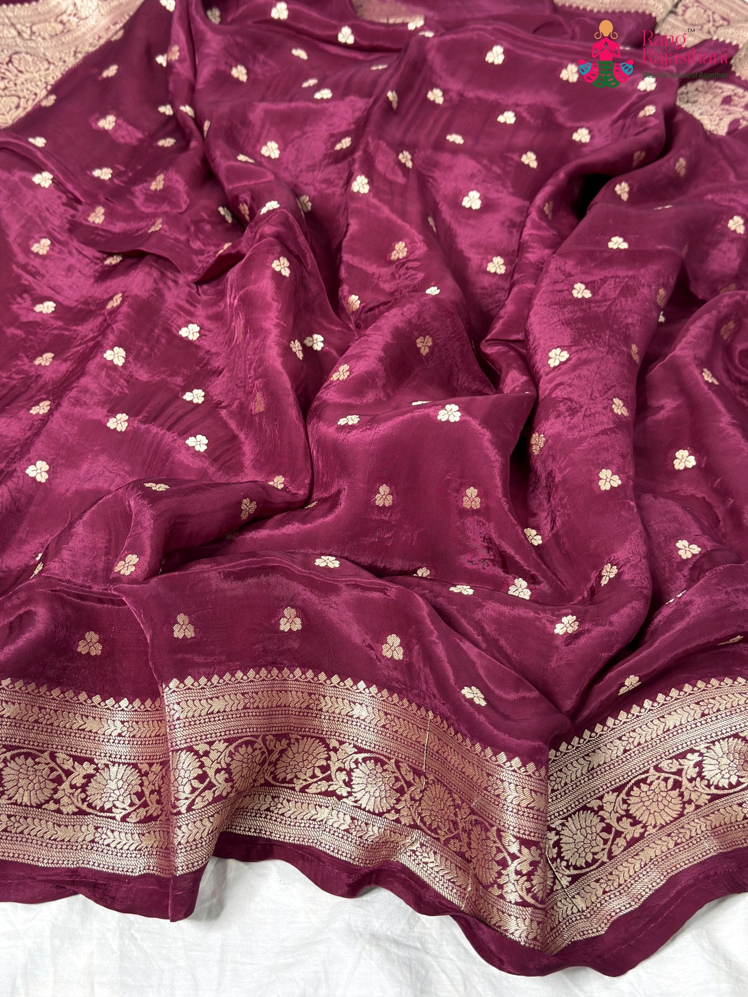 close up detailing of wine pure russian silk resham embroidery saree
