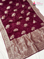 pallu detailing of wine pure russian silk resham embroidery saree