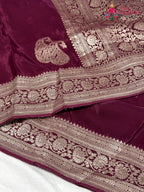 close up view of wine pure russian silk resham embroidery saree