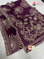 close up detailing of wine pure upada silk bandhani saree