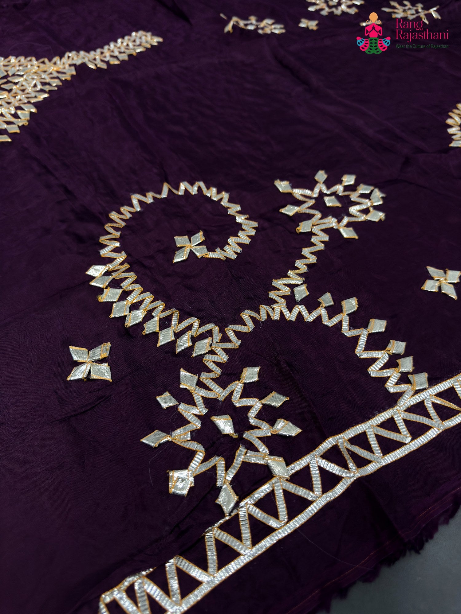 close up detailing of wine pure upada silk gota patti blouse 3806