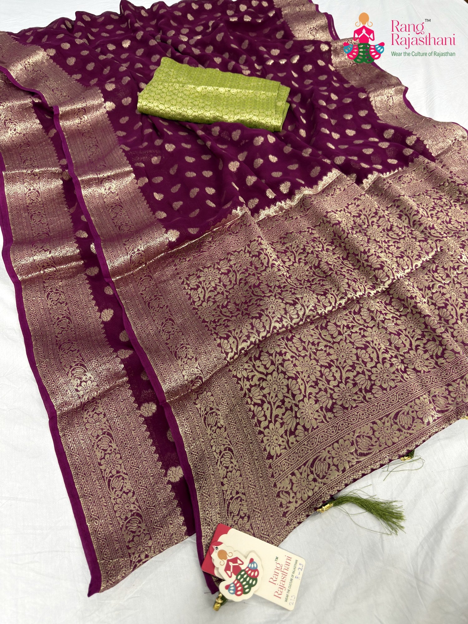 complete look of wine soft georgette banarasi zari weave saree