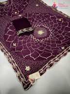 pallu detailing of wine soft georgette bandhani saree