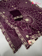complete look of wine soft georgette bandhani saree
