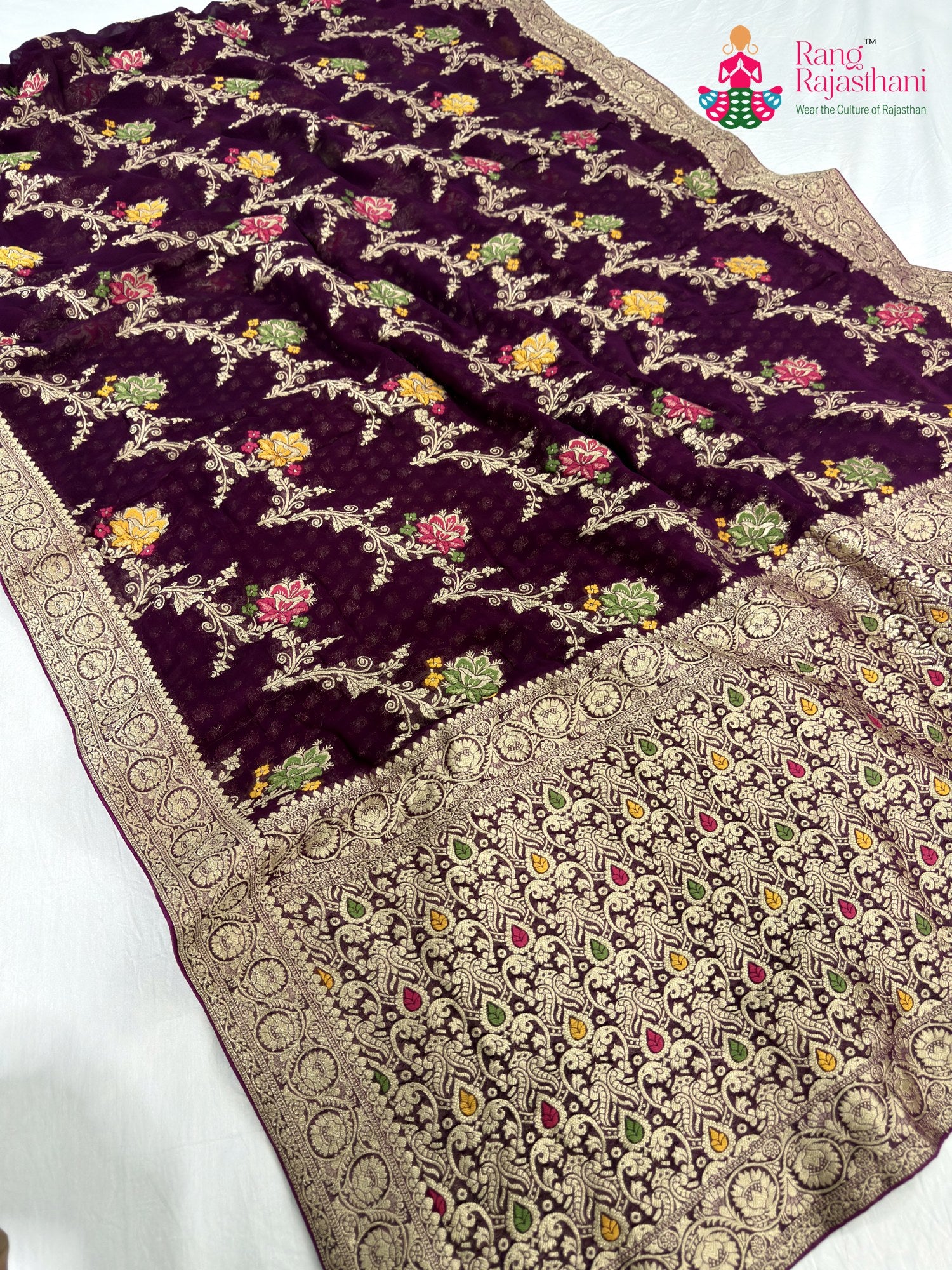 wine soft georgette meenakari zari saree for sangeet night by Rang Rajasthani